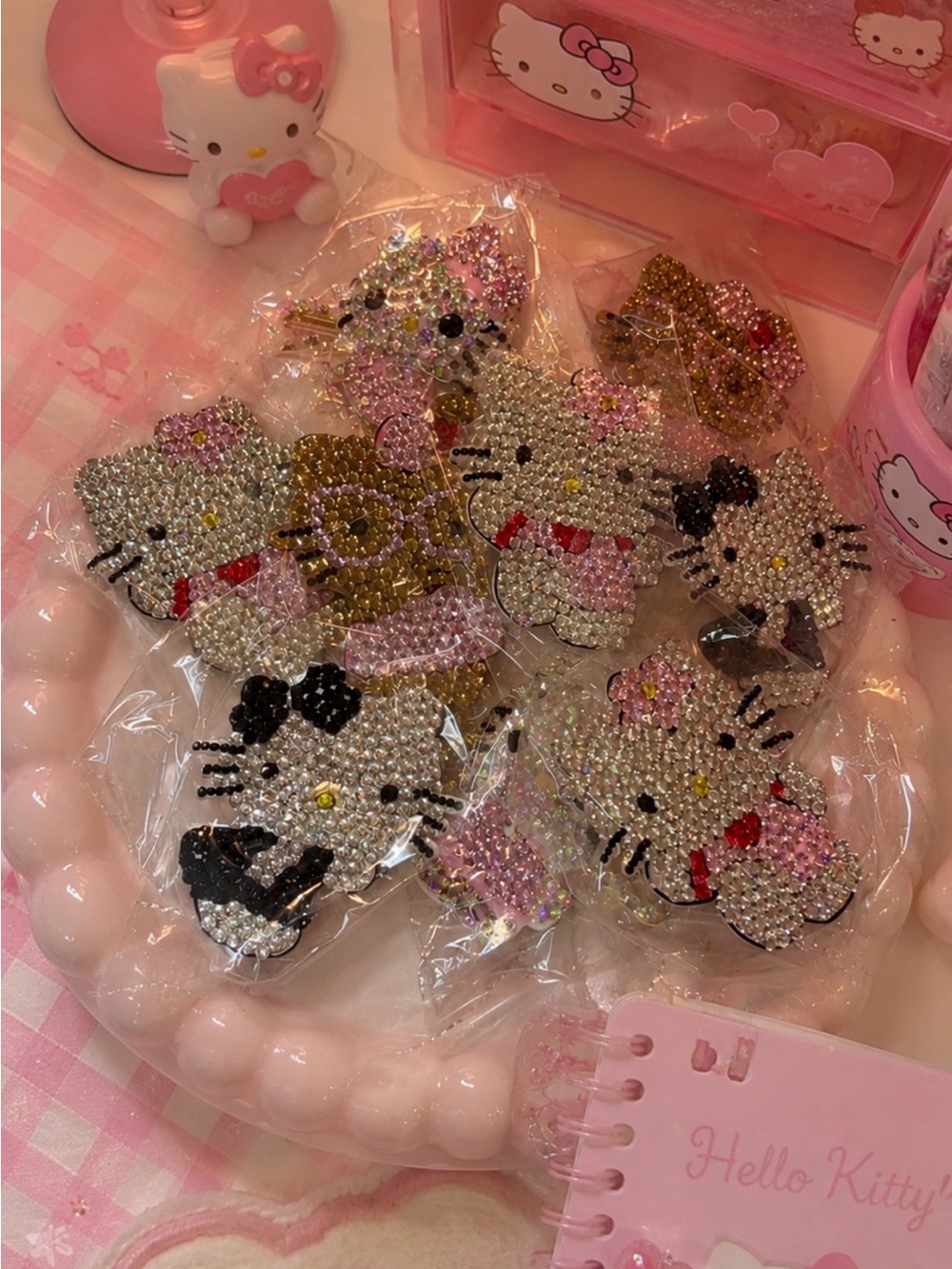 Hello Kitty Pink White Black Gold Sparkling Rhinestone charm /hairclip
